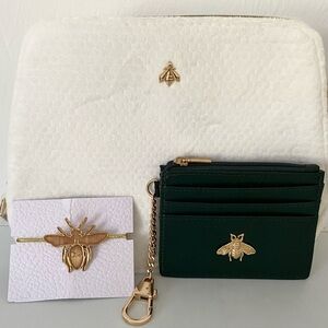 Dior Hair Band Gold Bee + Guerlain White Cosmetic Bag + Green Card Holder - SET